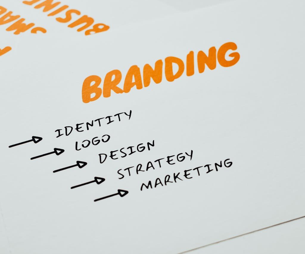 pexels-photo-7661184 Close-up of a paper with branding, identity, design, strategy, and marketing concepts in orange and black.